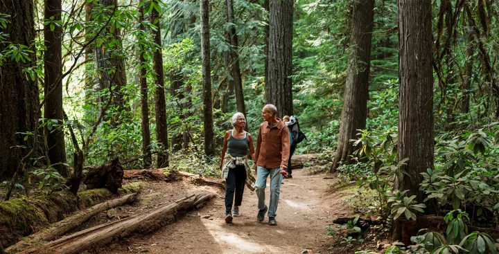 A couple hiking in the woods